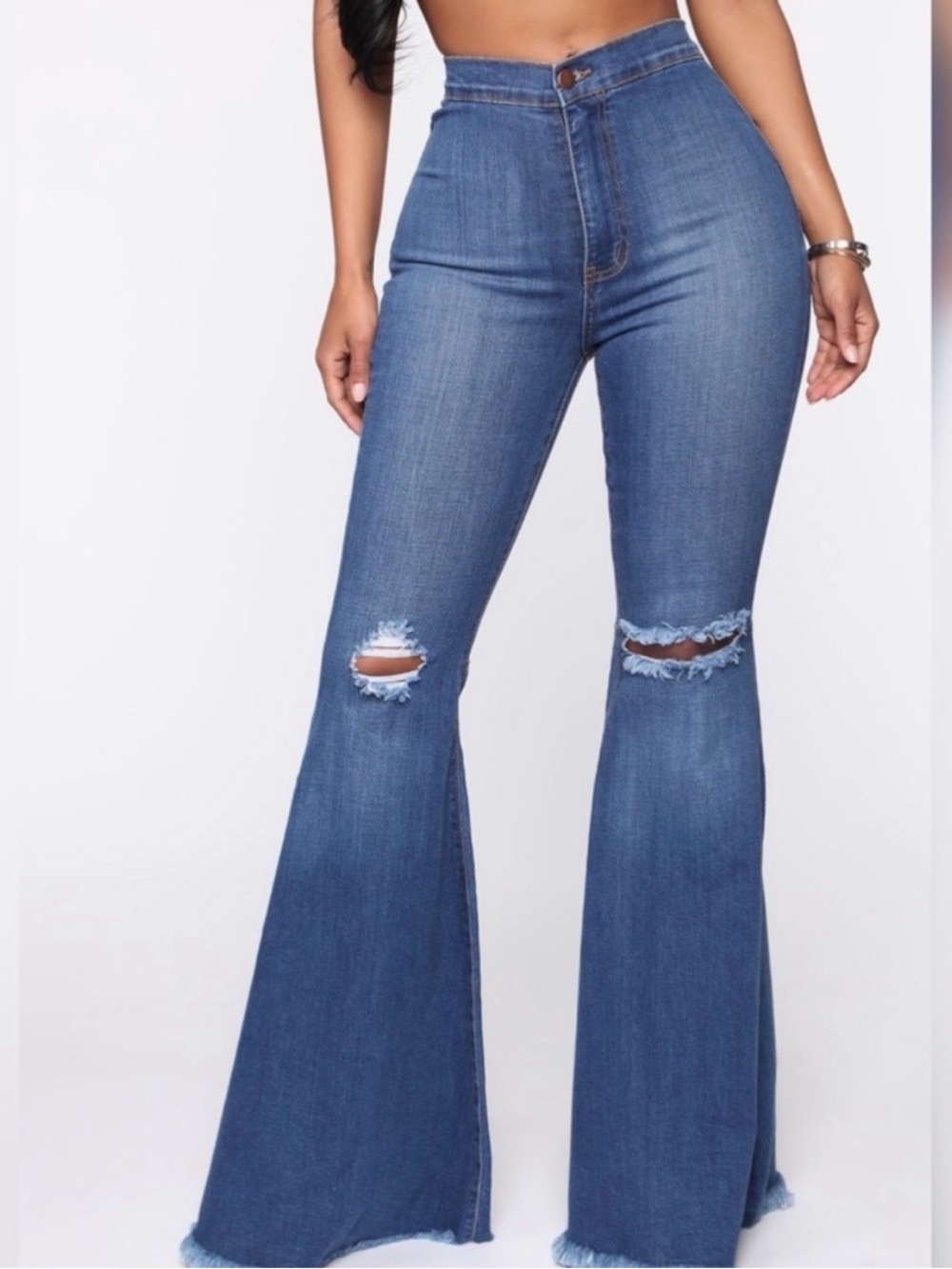 Fashion Nova High-Rise Distressed Flare Jeans - Blue